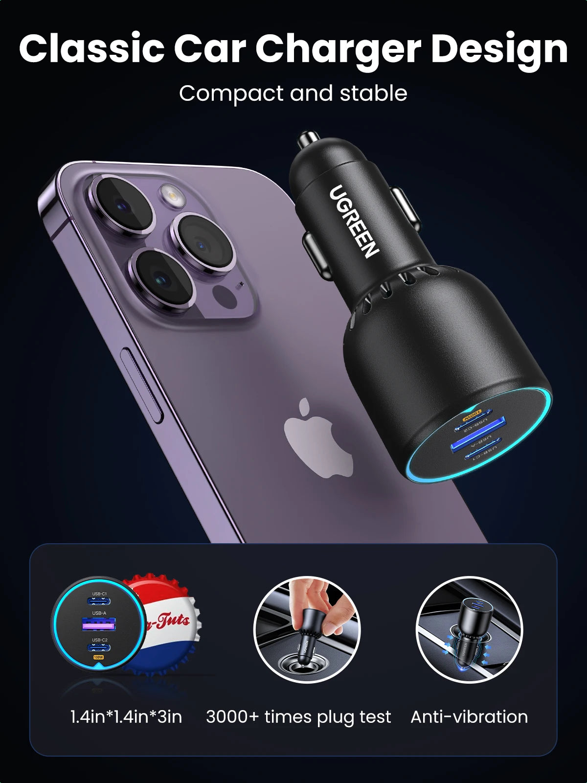 130W USB-C Fast Car Charger with Power Delivery for Laptops and Phones