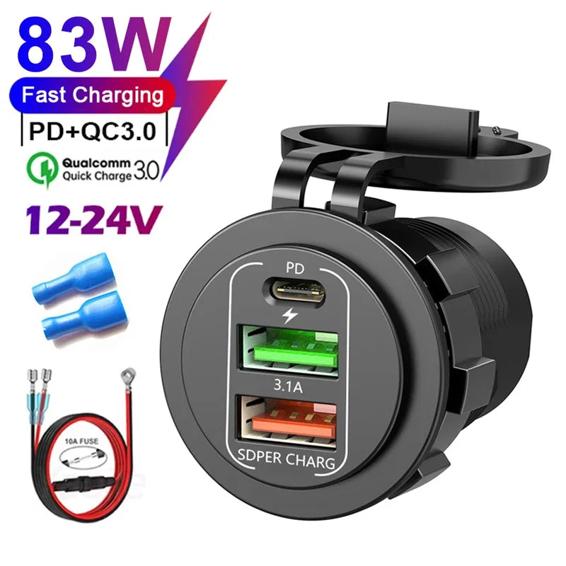 83W 4 Port USB and USB-C Fast Car Charger Socket for 12V 24V Vehicles