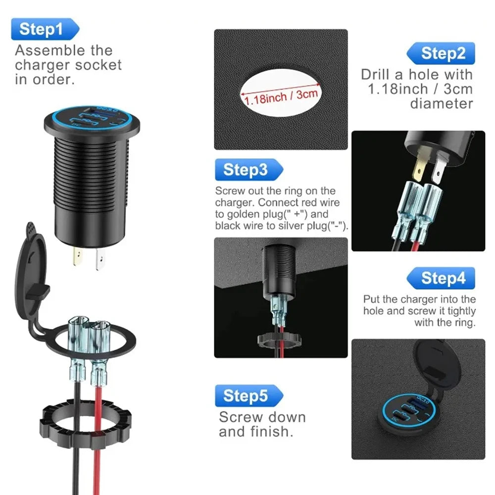 Dual PD and QC3.0 Fast USB Car Charger Socket - 5