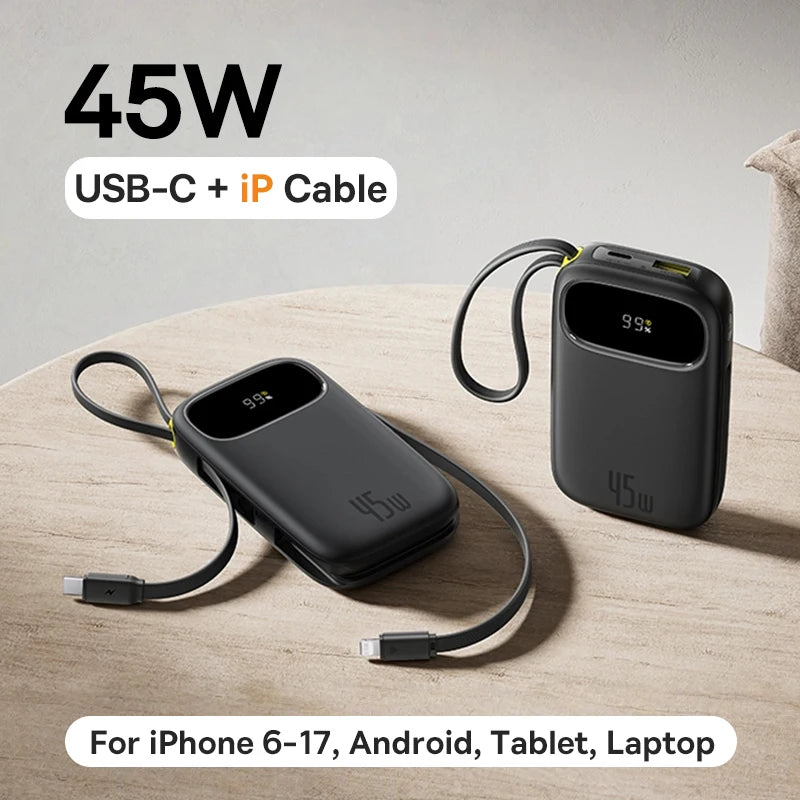 45W Fast Charging Power Bank with Built-in Cables