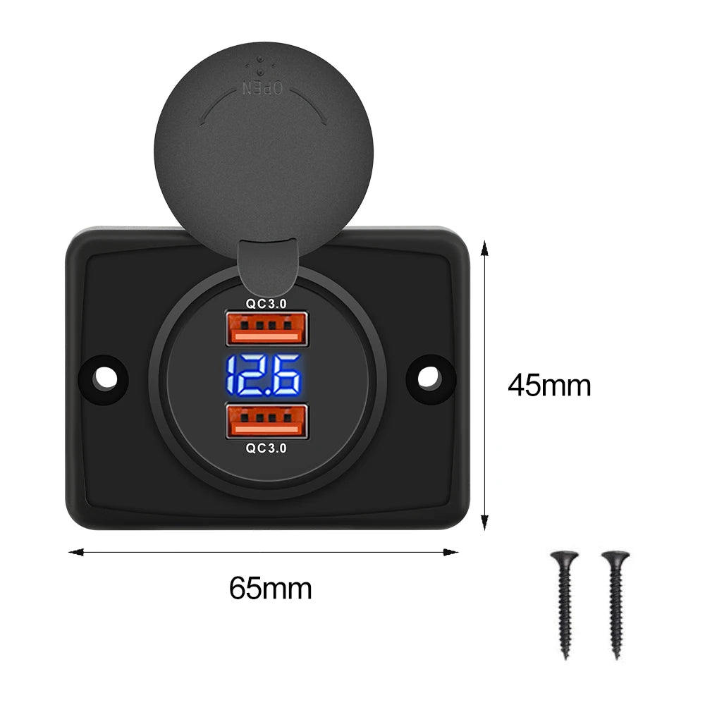12V 24V Dual USB PD and QC3.0 Fast Charger Socket with LED Voltmeter