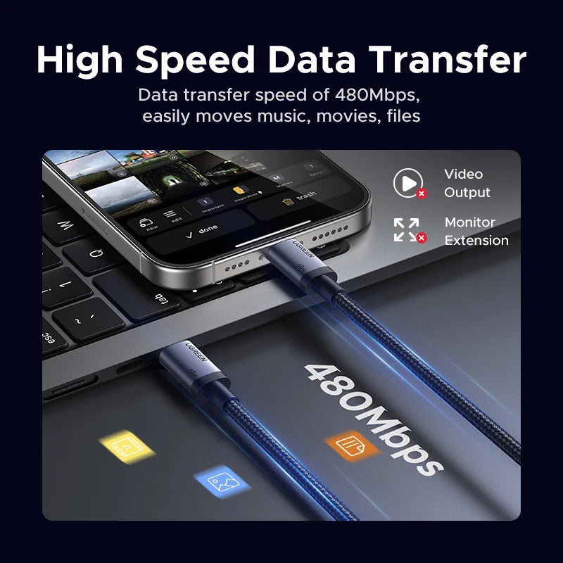 60W USB-C to USB-C Fast Charging and Data Sync Cable - 3
