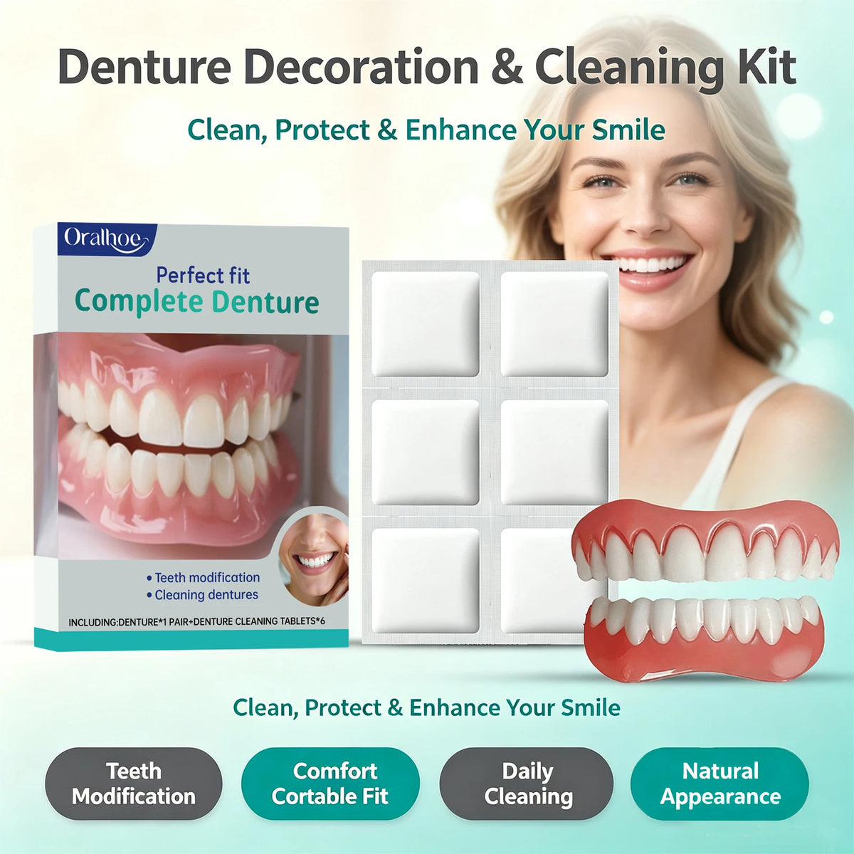Cosmetic Denture Set for Covering Missing or Stained Teeth