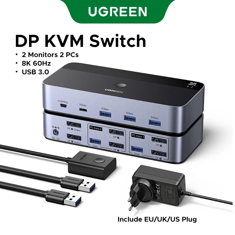 8K 60Hz Dual Monitor DisplayPort KVM Switch for 2 PCs
