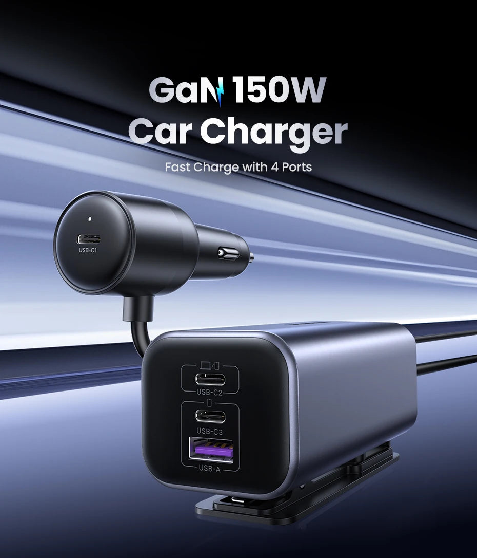 150W Fast Car Charger with 4 USB-C and USB-A Ports