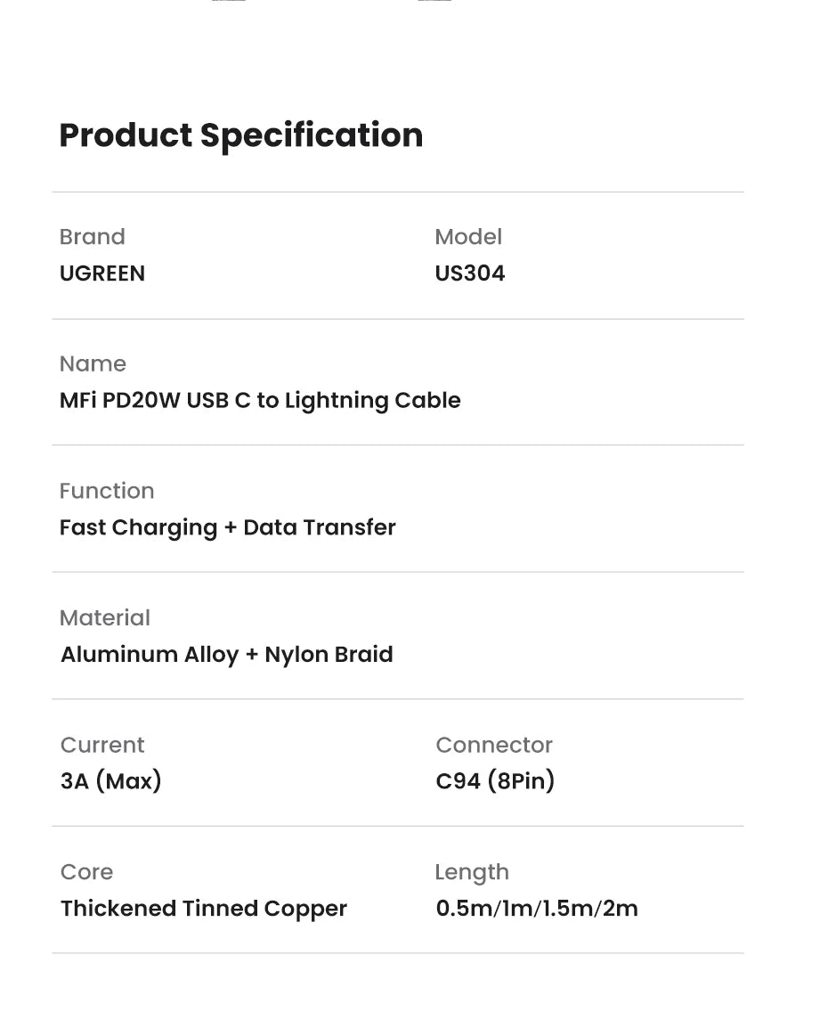 USB-C to Lightning PD 20W Fast Charging Cable for iPhone and iPad - 24