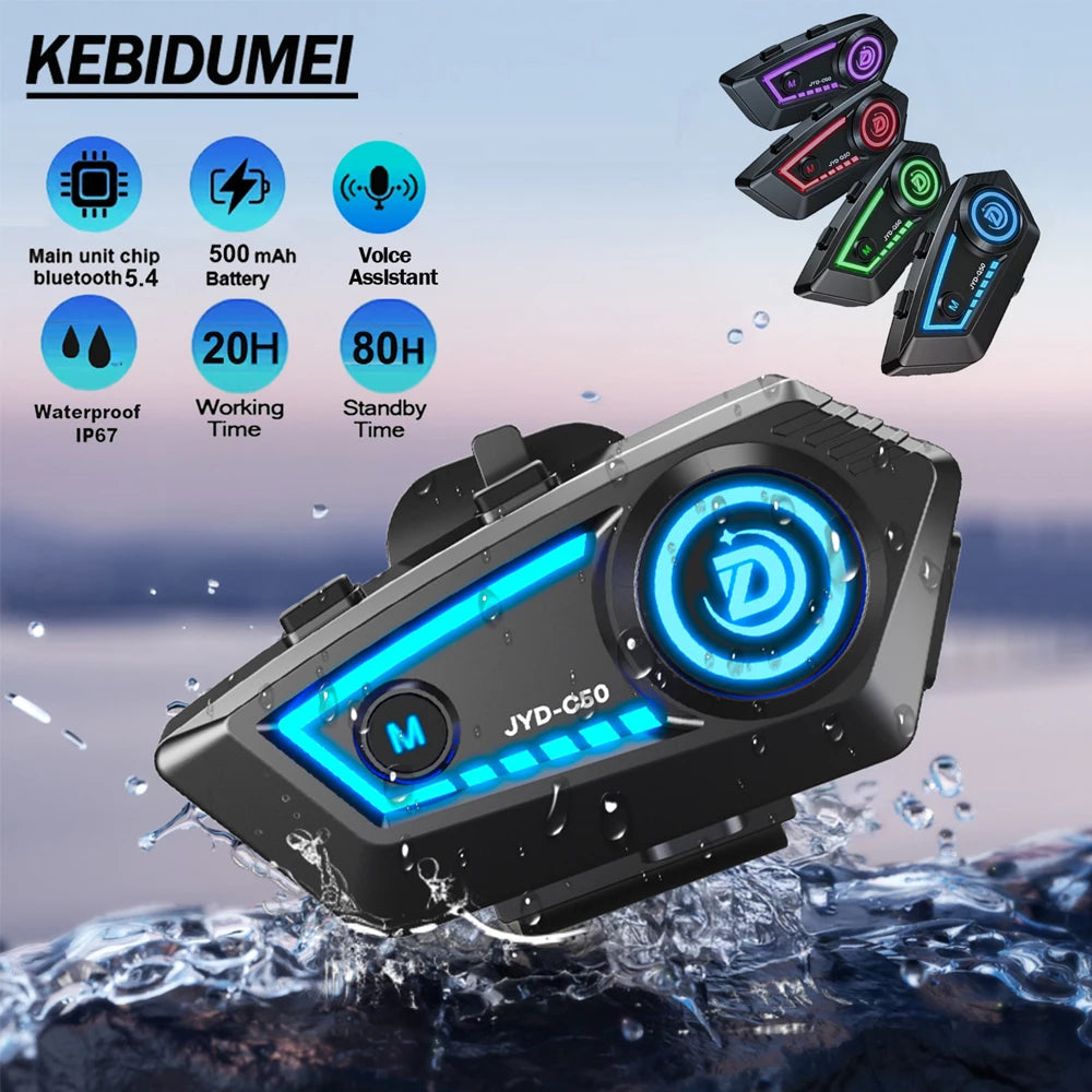 Motorcycle Helmet Bluetooth 5.4 Headset with RGB Lights IPX67 Waterproof