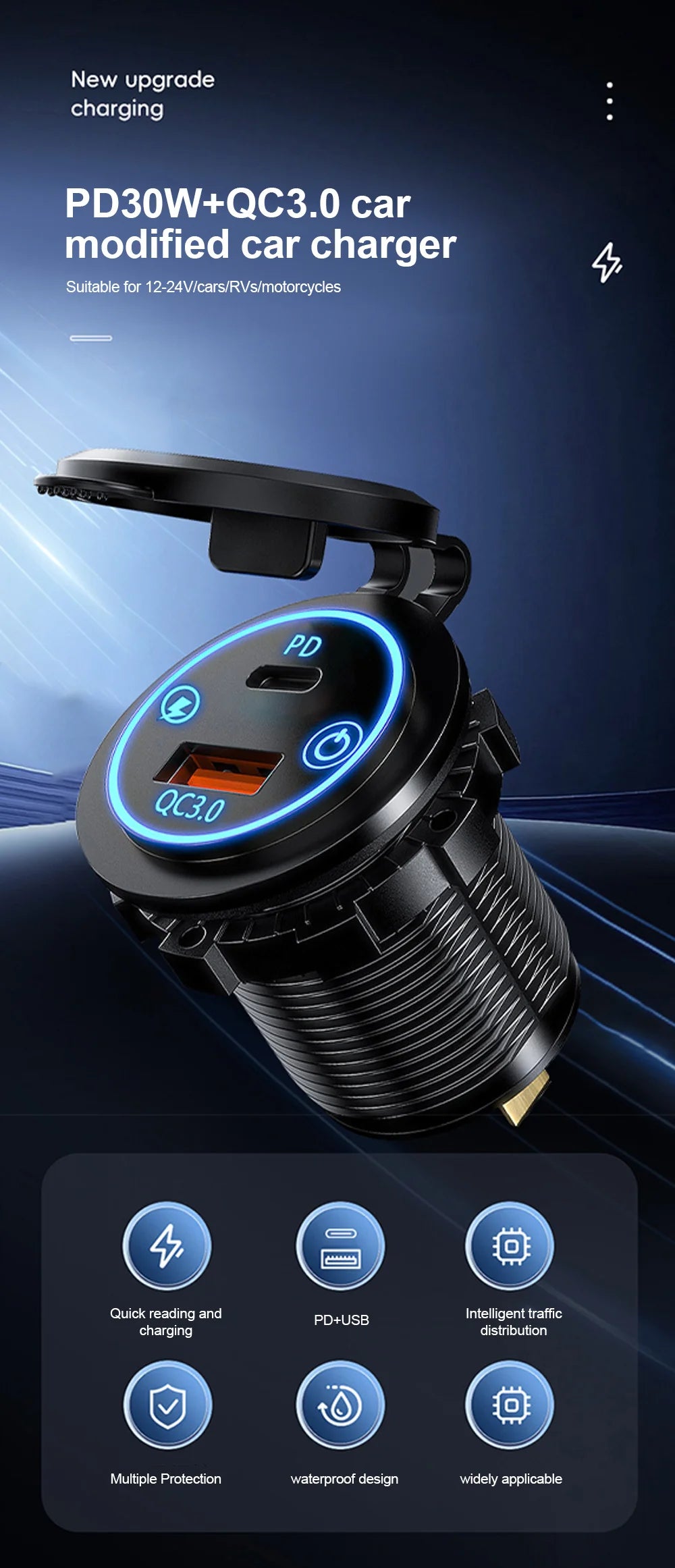 Dual USB Type C Quick Charger Socket PD30W QC3.0 for 12V 24V Vehicles