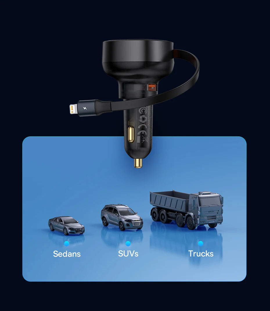 60W Fast Dual Port Car Charger with Retractable Cable - 22