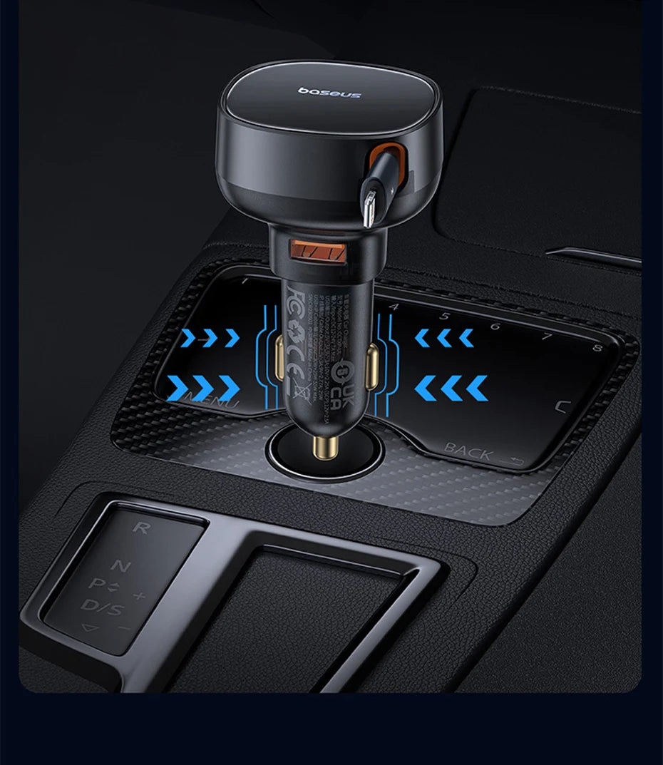 60W Fast Dual Port Car Charger with Retractable Cable
