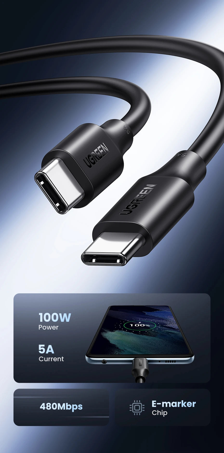 100W USB-C to USB-C Fast Charging and Data Sync Cable
