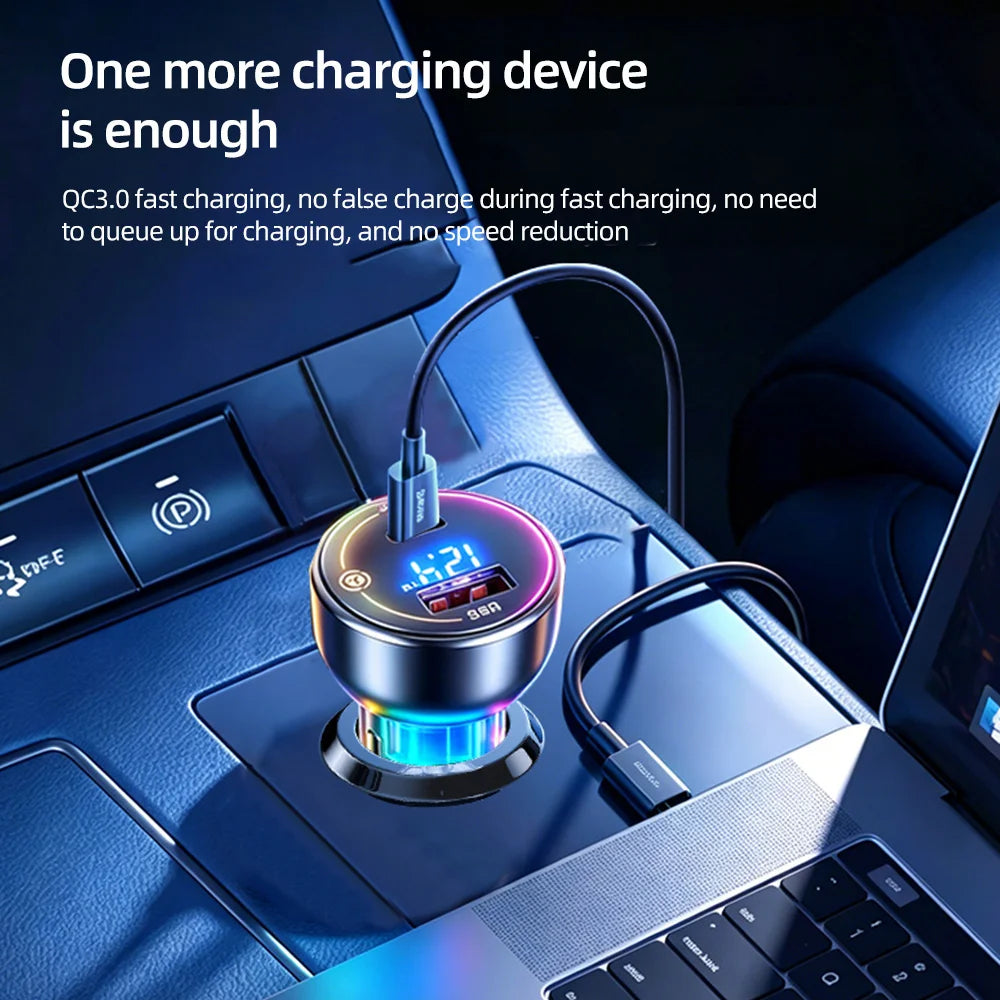 60W Dual Port USB Car Charger with PD QC3.0 Voltmeter and Ambient Light