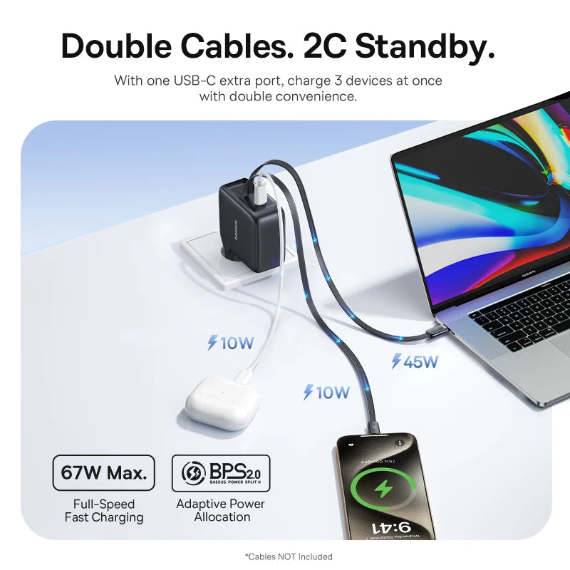 67W GaN Fast Charger with Built-in Retractable Cables