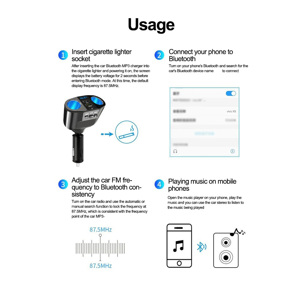 Car Cigarette Lighter Splitter PD USB Charger Bluetooth 5.0 FM Adapter