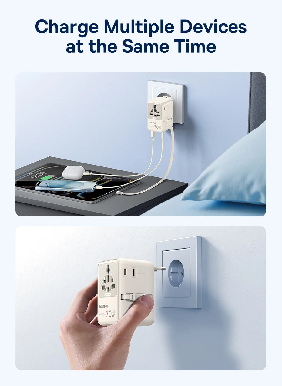 70W Universal GaN Travel Adapter with Fast Charging Ports