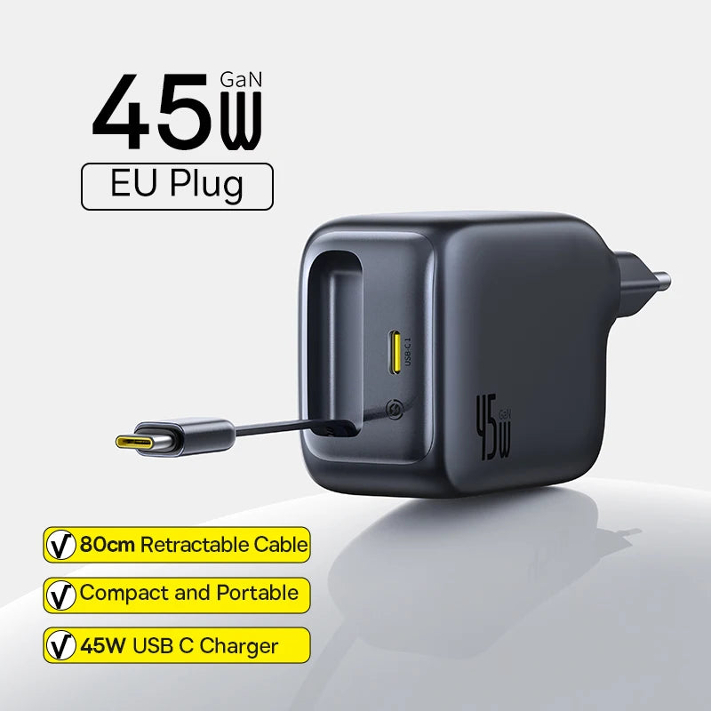 67W GaN Fast Charger with Retractable USB-C Cable for Laptops and Phones