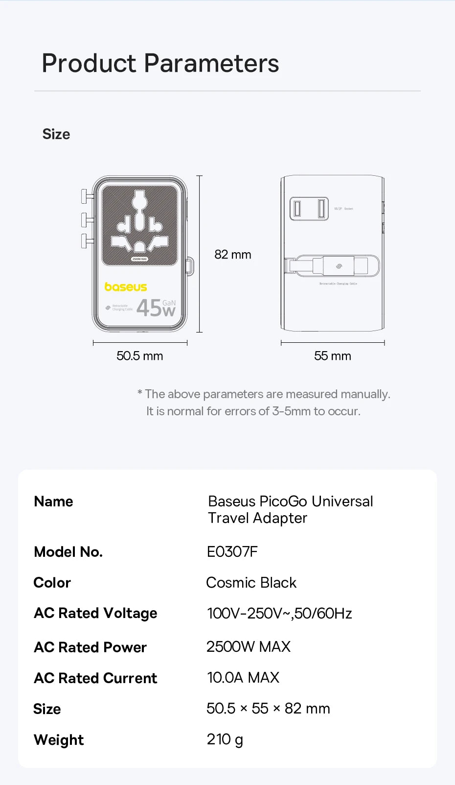 6-in-1 Universal Travel Adapter with 45W Fast Charging and Cable
