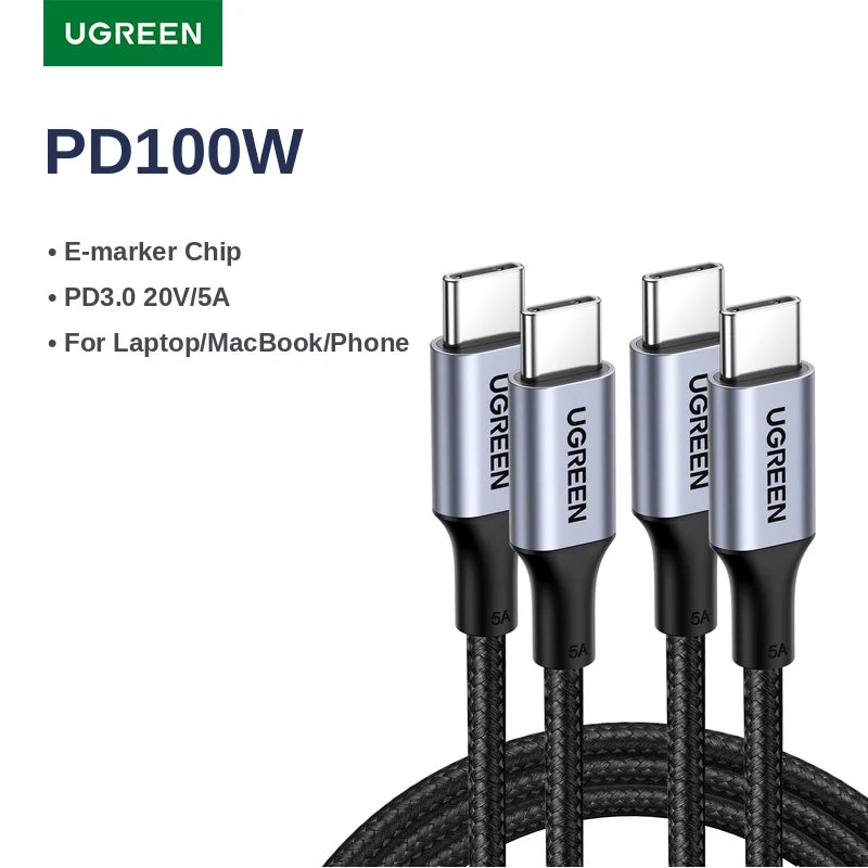 100W USB-C to USB-C Fast Charging Cable for Laptops and Smartphones