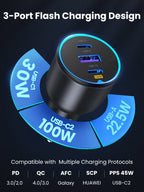 130W USB-C Fast Car Charger with Power Delivery for Laptops and Phones
