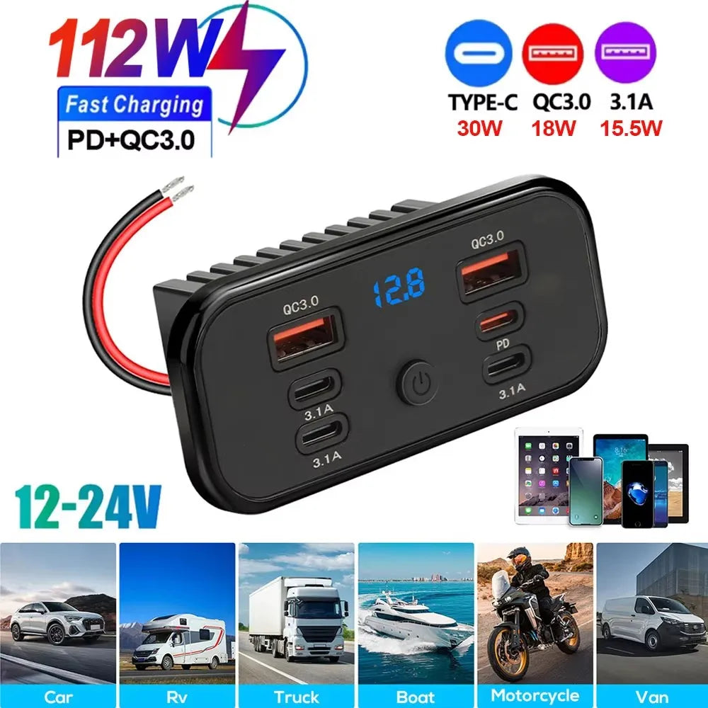 112W Multi-Port USB Fast Car Charger with Voltage Display