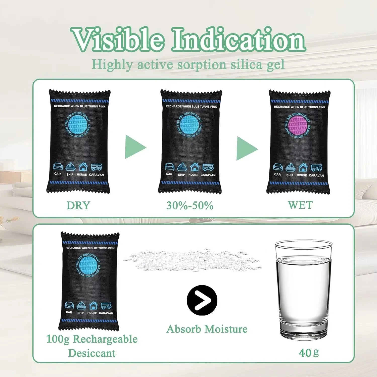 100g Reusable Silica Gel Moisture Absorber Humidity Indicator Bag