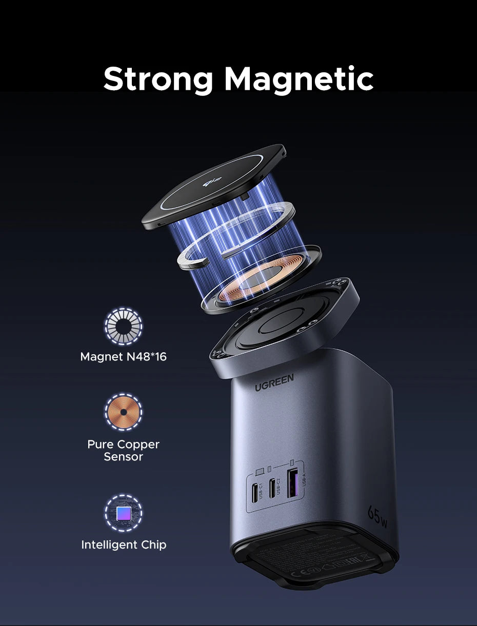 65W Desktop Charger with 15W Qi2 Magnetic Wireless Charging Stand