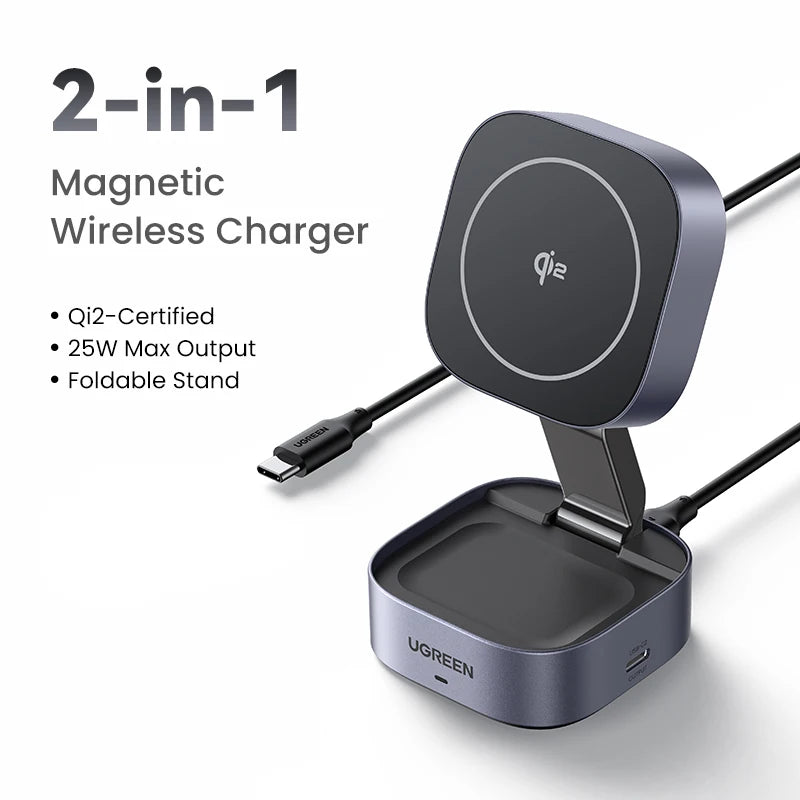 Qi2 2-in-1 Magnetic Wireless Charging Stand for Phones and Earbuds
