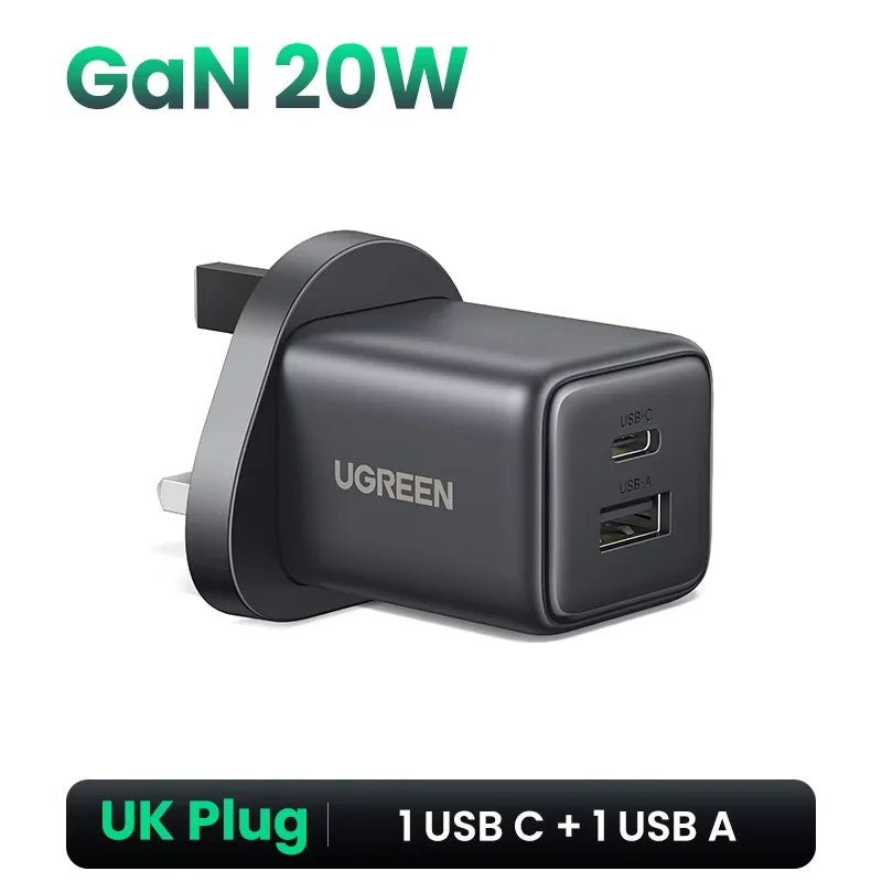 20W GaN Dual-Port USB-C and USB-A Fast Wall Charger