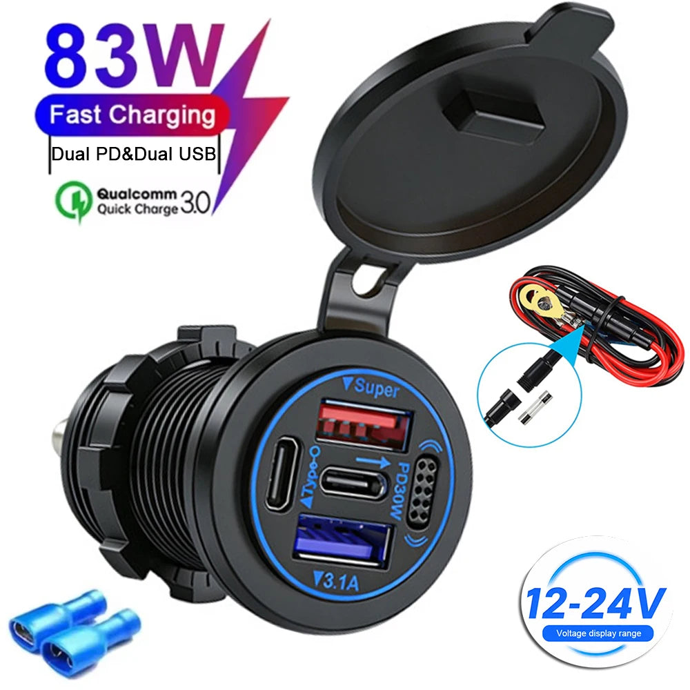 83W 4-Port Fast Charging Car Socket with Dual USB-C and Dual USB-A