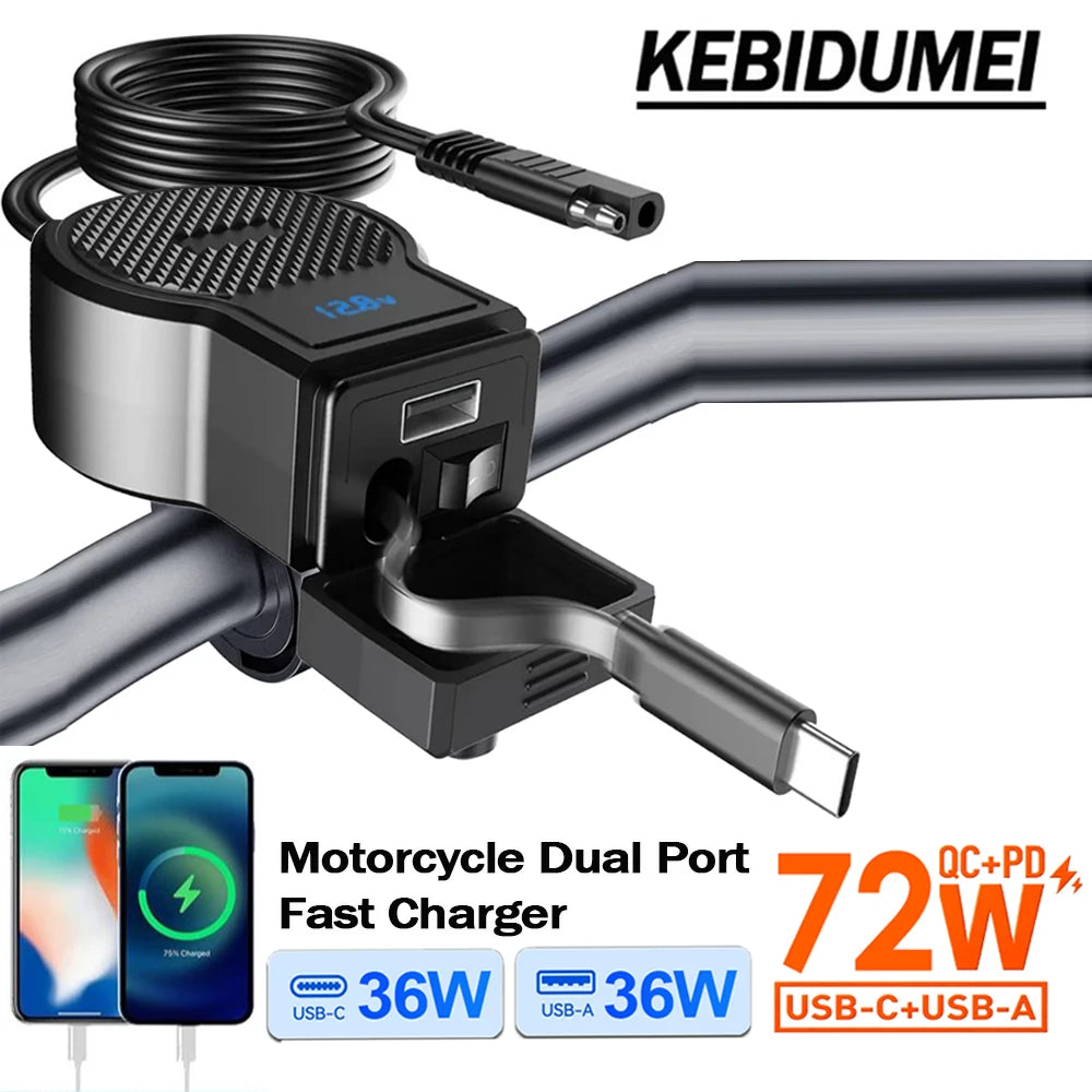 Motorcycle Dual Port USB C and A Fast Charger with Retractable Cable