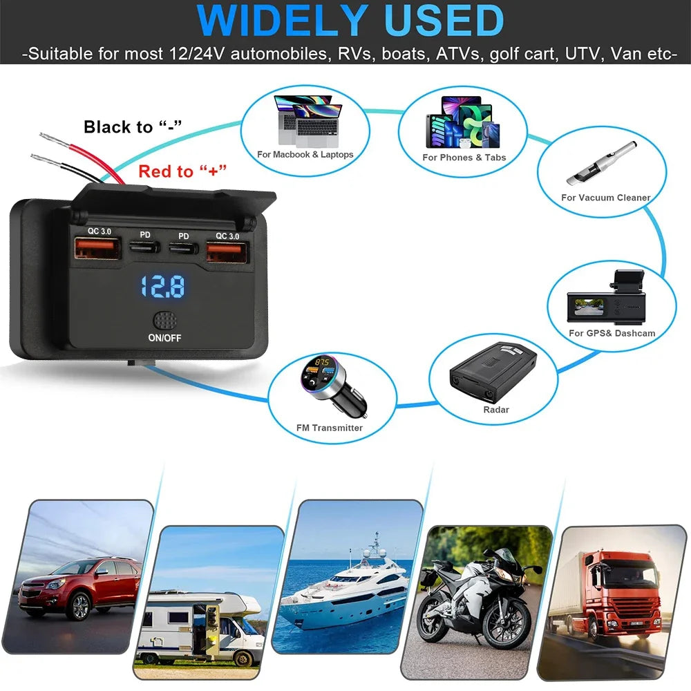 3 or 4 Port USB PD and QC3.0 Fast Charging Socket with LED Display