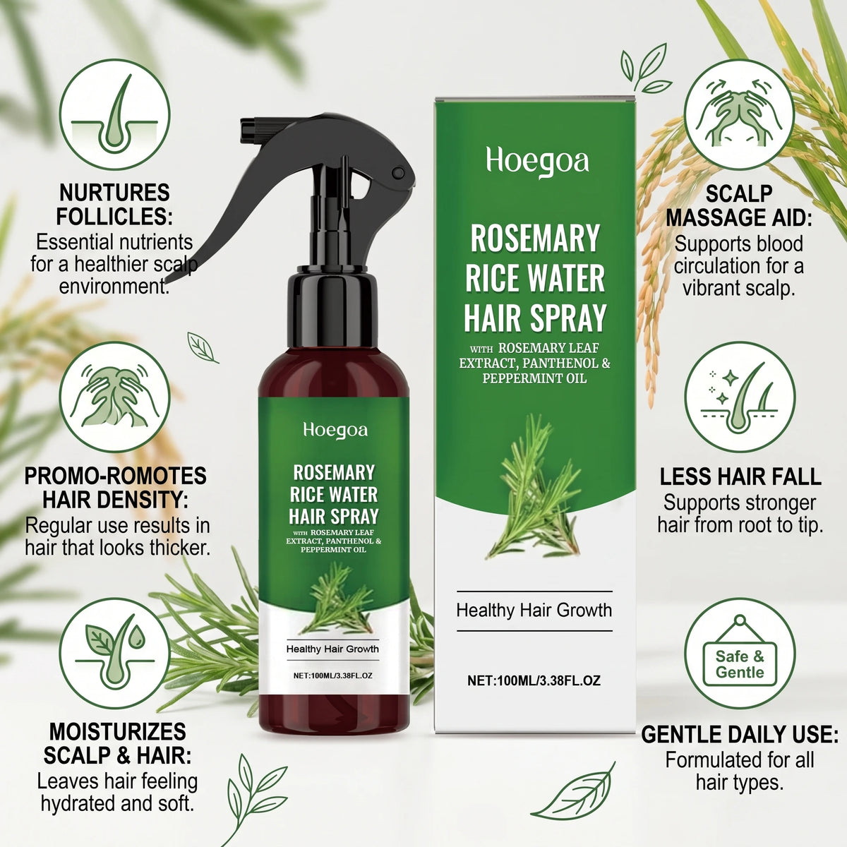 Rosemary Rice Water Hair Growth Spray for Damaged Frizzy Hair