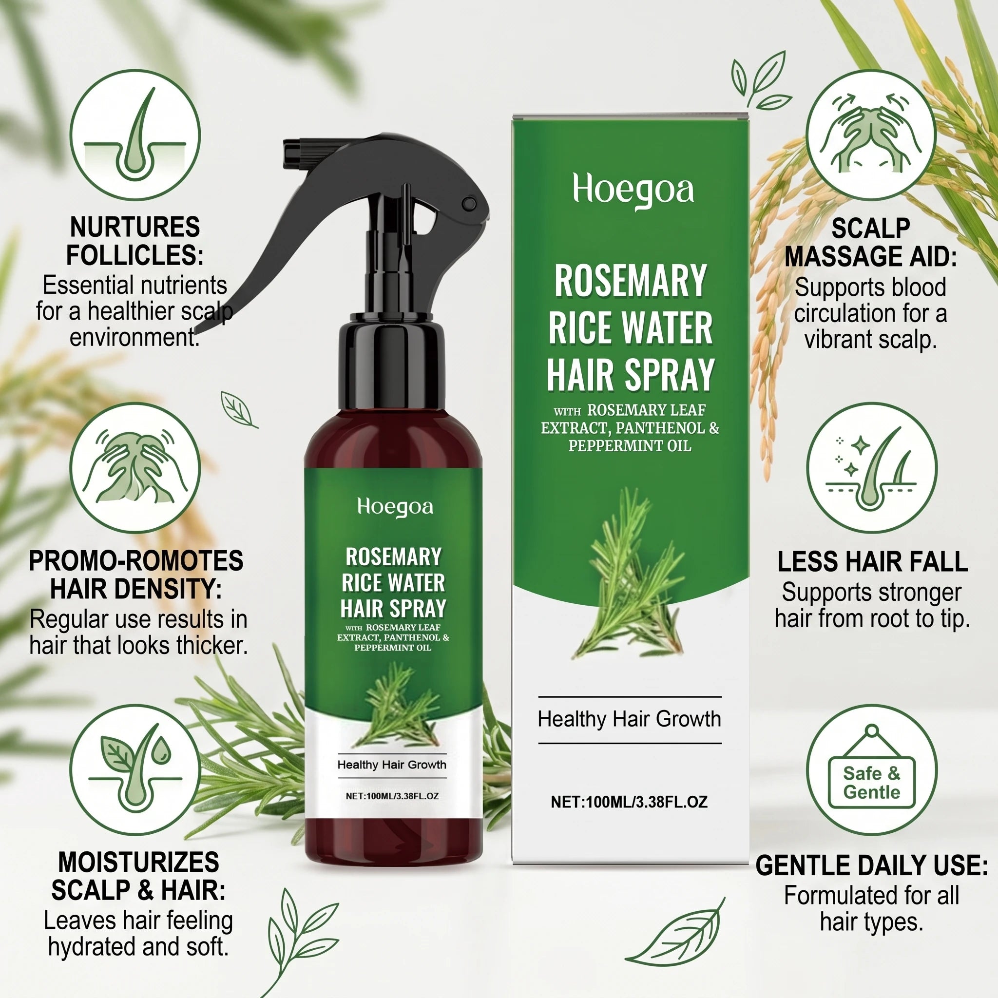 Rosemary Rice Water Hair Growth Spray for Damaged Frizzy Hair - 8