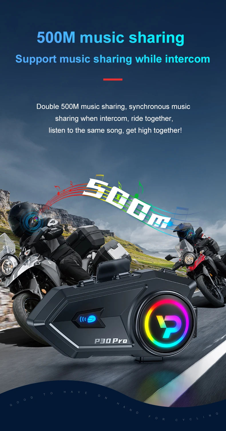 Bluetooth 6.0 Motorcycle Helmet Intercom Headset with FM Radio 500m