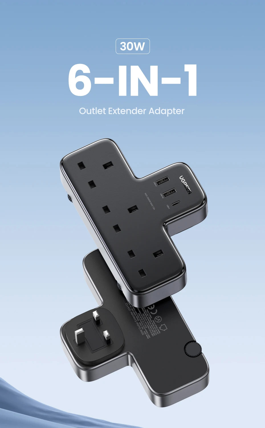 6-in-1 UK Plug Power Strip with 30W USB-C Fast Charging