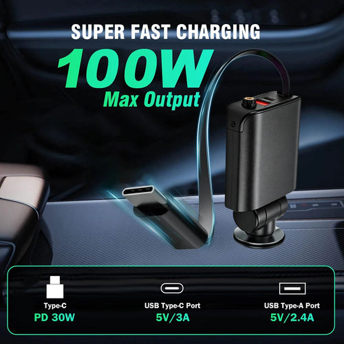 100W Car Charger with Retractable Cable PD 30W Fast Charging Adapter