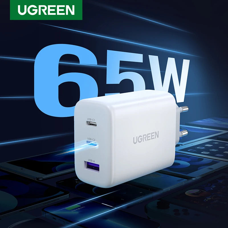 65W GaN Fast Wall Charger with Triple USB-C and USB-A Ports - 1