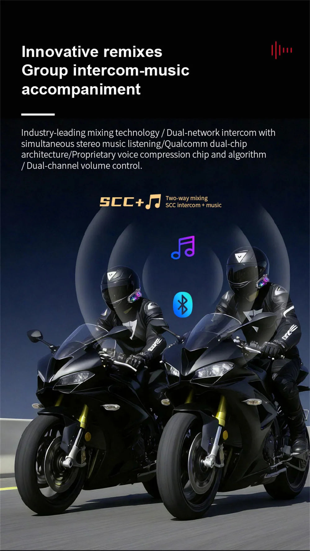 Motorcycle Helmet Bluetooth Intercom Headset with FM Radio