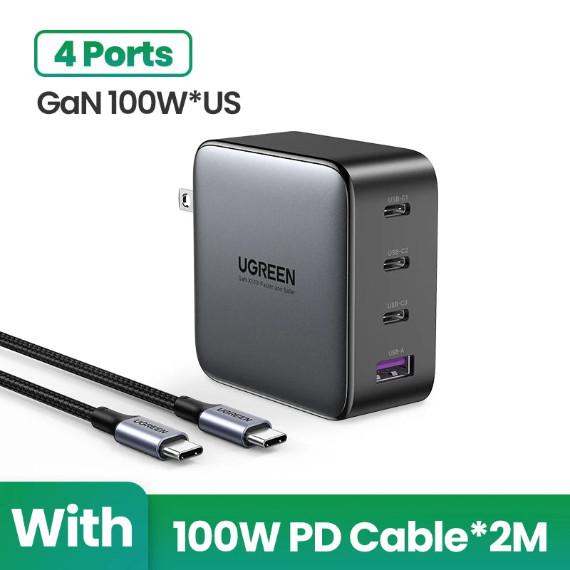100W GaN USB-C Fast Wall Charger for Laptops and Smartphones