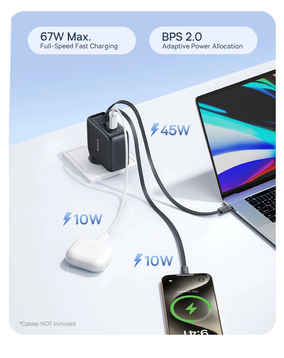 67W GaN Fast Charger with Built-in Retractable Cables - 10