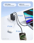 67W GaN Fast Charger with Built-in Retractable Cables