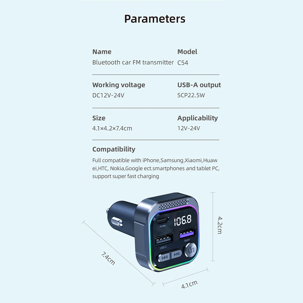 Bluetooth 5.3 FM Transmitter Car Radio Modulator PD and QC3.0 Charger
