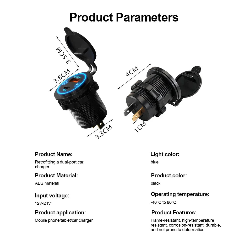 Dual USB Type C Quick Charger Socket PD30W QC3.0 for 12V 24V Vehicles