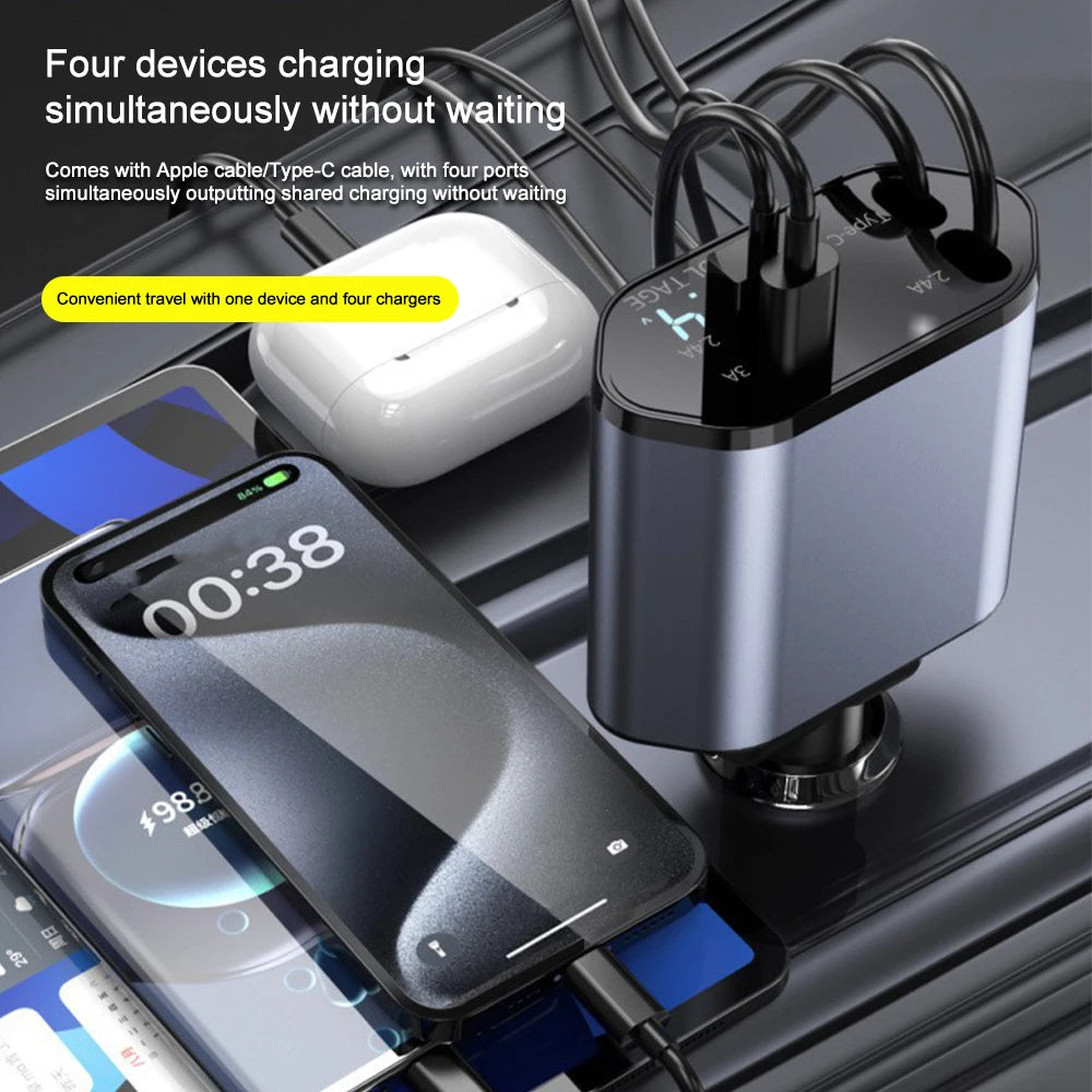 120W 4-in-1 Retractable Fast Car Charger with Voltage Display - 11