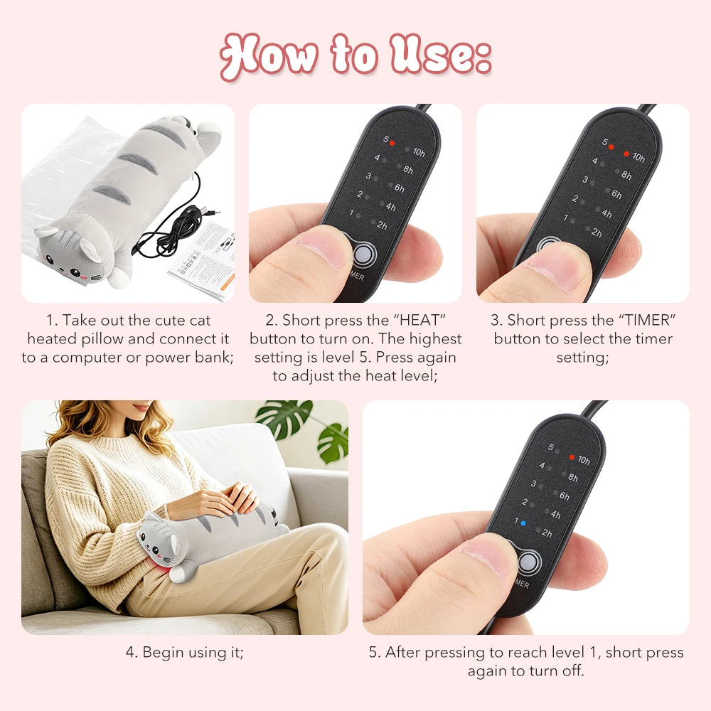 USB Heated Cat Plush Pillow for Pain Relief - 13