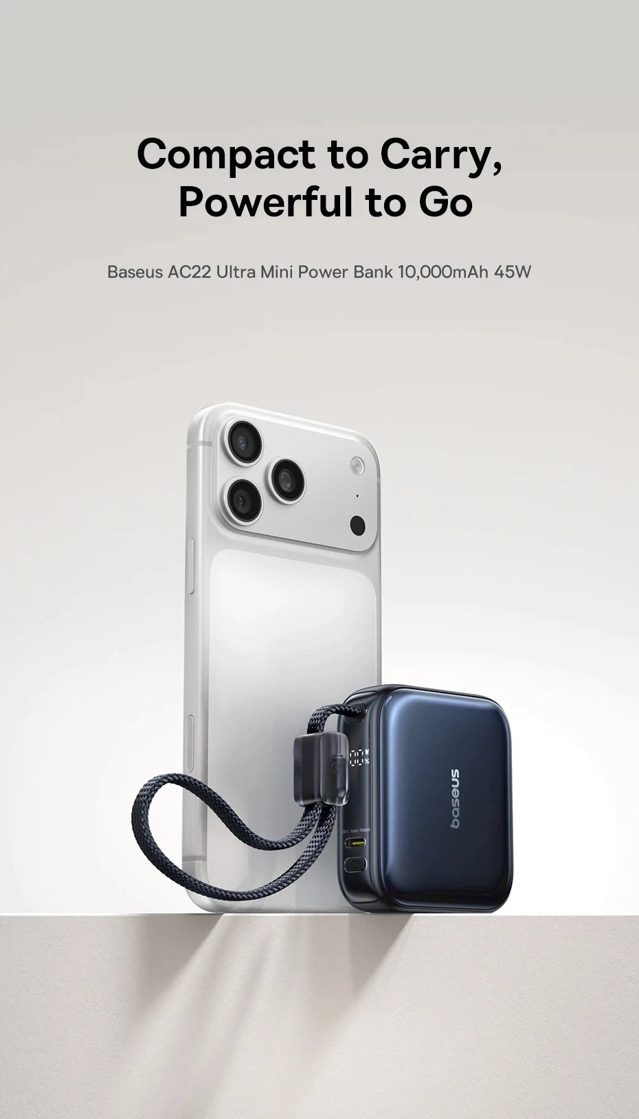 45W Mini Portable Power Bank with Built-in USB-C Cable 10000mAh - 7