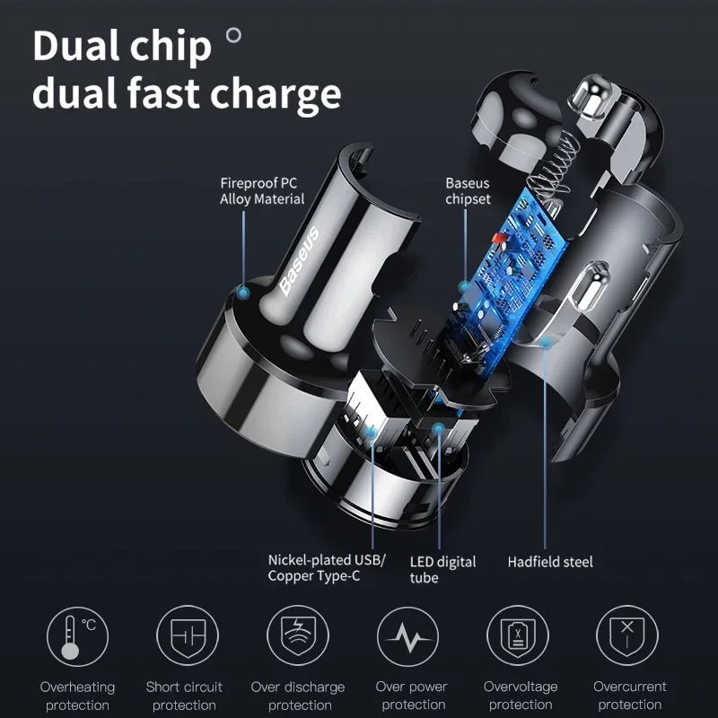 45W Dual-Port Fast Car Charger with LED Voltage Display