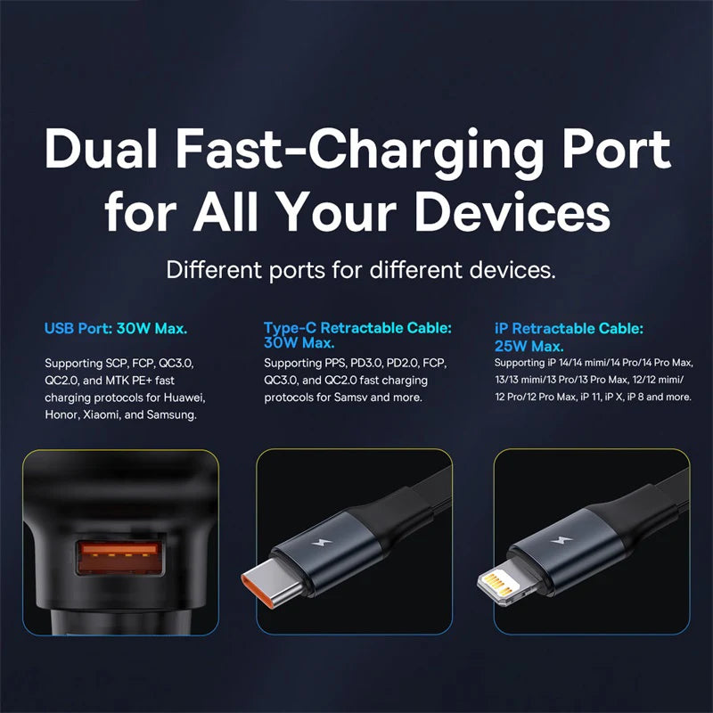60W Fast Dual Port Car Charger with Retractable Cable - 2