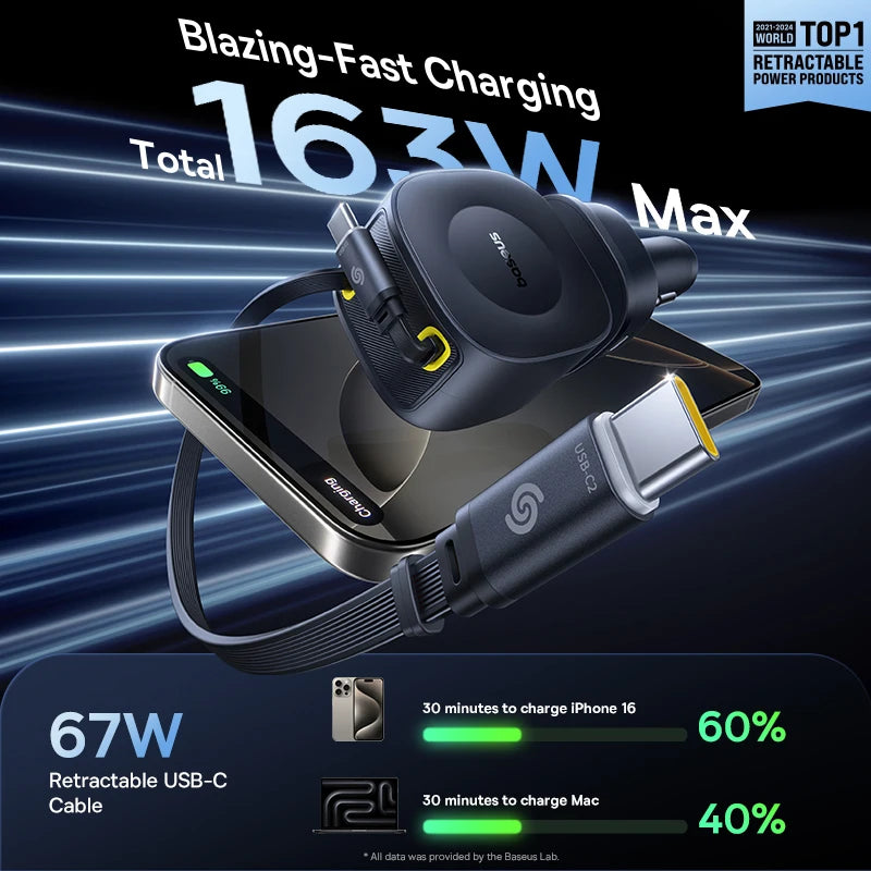 100W Fast Charging 4-Port Retractable Car Charger