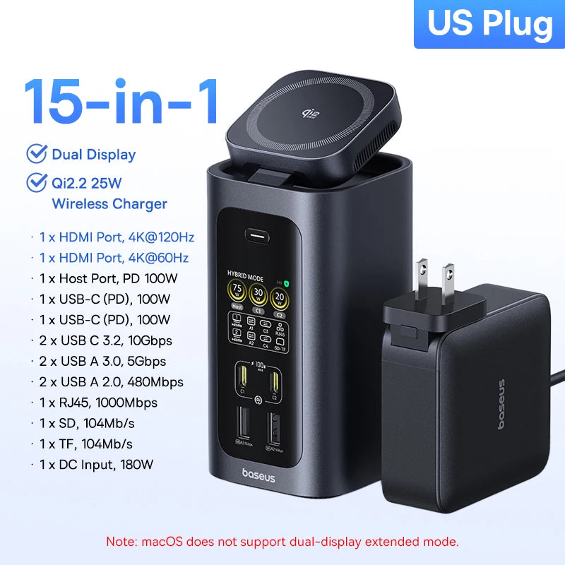 160W 15-in-1 USB-C Docking Station with 25W Wireless Charger